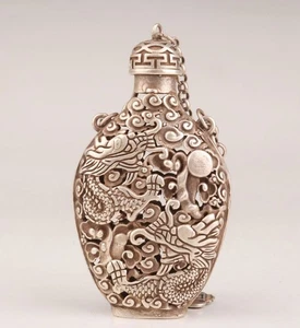Chna Tibet Silver Copper Hand-carved Hollow Dragon Statue Royal Old Snuff Bottle - Picture 1 of 10