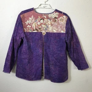 Quilter Blazer Women's Size XL Purple Floral Birds Open Front Homemade Cotton - Picture 1 of 12