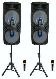 (2) Technical Pro Dual 8 Zoll kabellose Verbindung wiederaufladbare LED-Lautsprecher + Ständer + Mikrofone - Bild 1 von 12