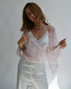 Silk mohair handknit shawl Bridal pink shrug Wedding soft cover up Colorful cape - Picture 1 of 10