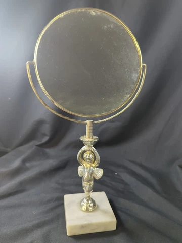 Vintage Silver Cherub Angel wings ornate spin mirror w Marble Base unique rare Cover