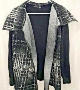 Ava Black Cream Plaid Sweater Cardigan Jacket Knit Wide Collar Open Front Sz L - Picture 1 of 7