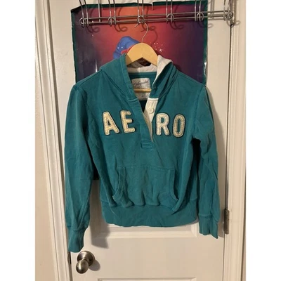 Sudadera con Capucha Aéropostale Cremallera Completa Verde Marfil Aspecto Envejecido Mujer S y2k Foto 1 de 4