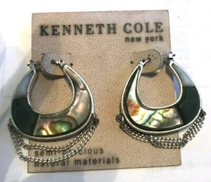 ORECCHINI NUOVI CON ETICHETTE KENNETH COLE DESIGNER TONO ARGENTO CERCHI ABALONE ONICE CATENE Blu - Foto 1 di 1