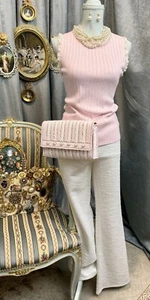 NWT Pink White Pearl Embellished Raffia Clutch With Blouse And Jewelry - Picture 1 of 7