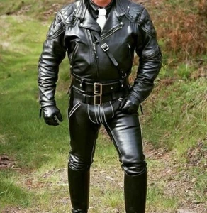 Men's Black Real Genuine BLUF Leather Pant White Stripes Biker Jeans Trousers  - Picture 1 of 2