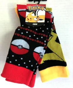 Pokemon 2 pair Crew Socks with Pikachu + Pokeball designs New - Picture 1 of 4