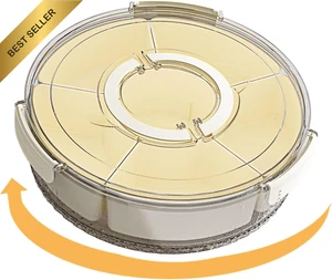 6-Compartment 360° Rotatable Round Snack Tray with Lid Handle Clear White Plasti - Picture 1 of 12