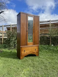 More details for antique oak arts crafts single wardrobe with mirror and drawer