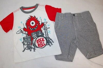 Toddler Boys T-SHIRT SHORTS Rock N Roll MONSTER DRUMS Red White Gray 2T 3T 4T 5T - Image 1 of 3