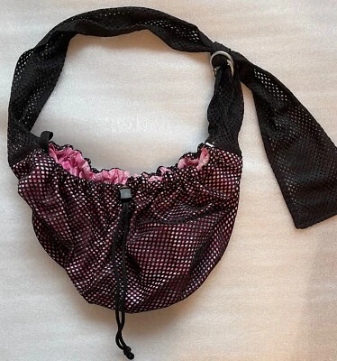 MEDIUM DOG CARRIER SLING TOTE, BLACK MESH WITH PINK HAWAIIAN LINING, VGC - Image 1 of 4