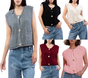 Ladies Sleeveless Knitted Vest Ladies Gold Button Up Chunky Knit Crop Cardigan - Picture 1 of 7