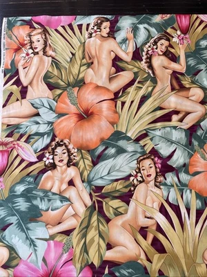 Alexander Henry Fabric Yd Mirage Sexy Pinup Island Girls Hibiscus Palm Leaves P - Image 1 of 4