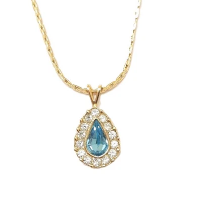 Avon Blue Aquamarine Solitaire & Crystal Pendant Gold Serpentine Chain Necklace - Image 1 of 4