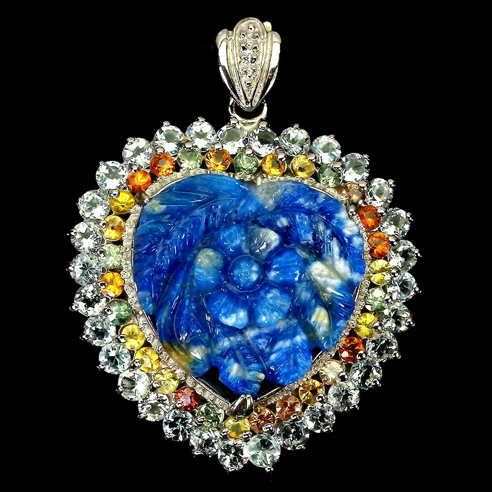 Colgante de plata de ley 925 flor tallada lapislázuli zafiro joyería hecha a mano Foto 1 de 4