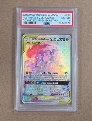 2019 Pokemon Cosmic Eclipse Reshiram & Zekrom GX Secret Rare Card 259/236 PSA 10 - Image 1 of 2