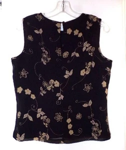 ANN TAYLOR SLEEVELESS BLACK & BEIGE FLORAL SILK BLOUSE Size 8 - Picture 1 of 4