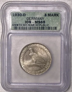 3 Mark - 1930 D - Germany - Rhineland - Weimar Republic - MS65 - Silver - KM#70 - Picture 1 of 2