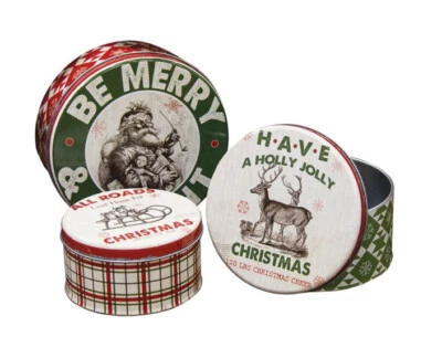 Juego de 3 Latas Anidadas de Navidad Estilo Vintage - Trineo Reno Papá Noel con Tapas NUEVO Foto 1 de 4