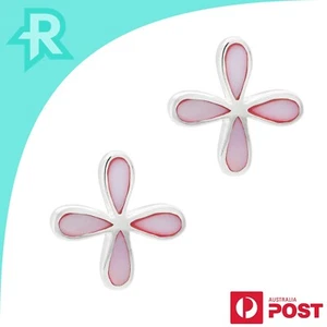 Four Petal Flower Pink Shell Sterling Silver 925 Stud Earrings - Bild 1 von 6