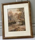 Antique Watercolour In Gilt Frame: Lady With Basket Crossing Bridge