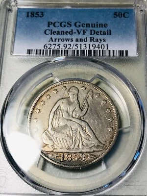 1853 Seated Liberty Half Dollar 50C ARROWS RAYS PCGS VF Silver US Coin CC25306 - Image 1 of 4