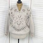 Vintage Su Lim Sweater Women Petite Medium Floral Embroidery Angora Taupe Pearl