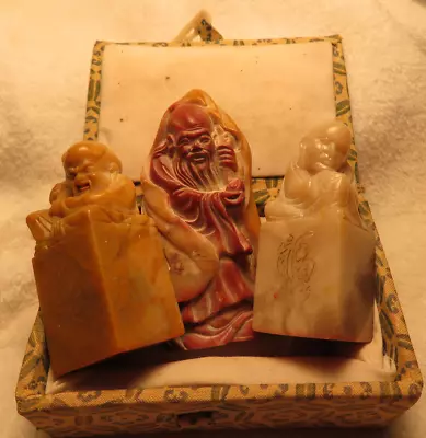 3 Oriental Chinese Soapstone  Sealed Stamp Wise Men 1 In Box • 229.83$
