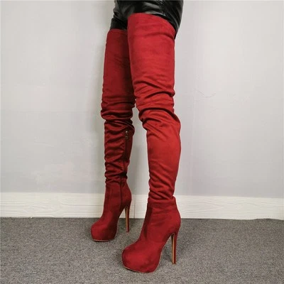 Botas femininas acima do joelho biqueira redonda plataforma salto alto vinho vermelho camurça sintética sapatos - Imagem 1 de 4