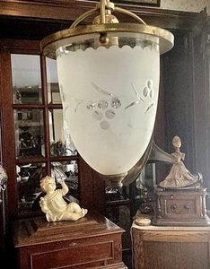 Antique Light Fixture Brass Hanging Lamp Art Glass Floral Victorian Vintage - Picture 1 of 12