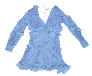 Asos Design Blue Long Ruffle Sleeve Lace Deep V-Neck Open Sides Dress Womens 6 - Picture 1 of 6