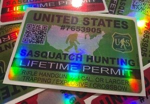 United States Sasquatch Hunting Permit Sticker Die Cut Decal Bigfoot Believe Gun - Picture 1 of 3