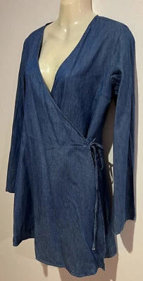 Blue Long Sleeve Short Denim Wrap Dress /Tie Cotton Size12 muui GC - image 1 of 4