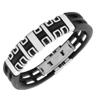 Brazalete Brazalete Hombre Acero Inoxidable Caucho Negro Tono Plata con Cierre Foto 1 de 3