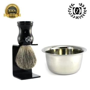 MEN'S WET SHAVING SET 3 PC PURE BADGER HAIR SHAVE BRUSH, SHAVING CUP + DIP STAND - Picture 1 of 4