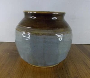 6" handmade clay flower pot planter or vase, blue - gray brown gloss paint - Picture 1 of 7