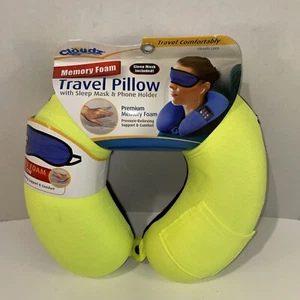 NUOVO Cloudz CUSCINO COLLO memory foam viaggio con maschera sonno tasca telefono giallo fluo - Foto 1 di 11