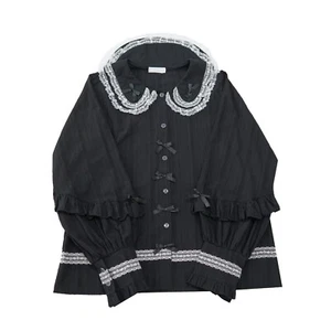 Gothic Lolita Black Blouse with Lace Collar and Bows Vintage Ruffle Long Sleeve - Picture 1 of 14