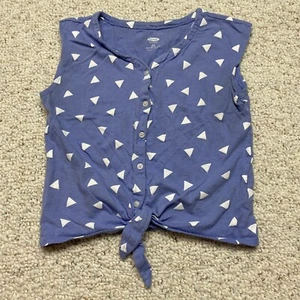 Old Navy Girls Top sz S 6 - 7 Blue Triangle Dots Button Up Crop Tie Waist Casual - Picture 1 of 12
