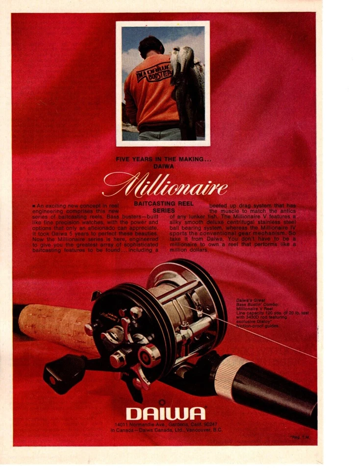 Carrete de pesca Daiwa Millionaire 1972 anuncio impreso, impresión de decoración de cueva Bass Bustin Foto 1 de 1
