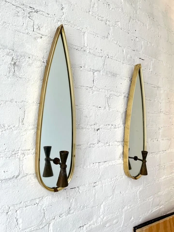 Set of (2) Teardrop Shape Candelabra Wall Sconce Mirrors Mid-Century Brass Gold Cover