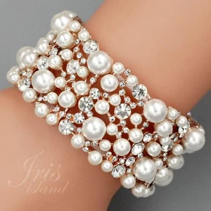 Women ROSE GOLD Plated Pearl Crystal Wedding Bangle Cuff Stretch Bracelet 09817 - Picture 1 of 5