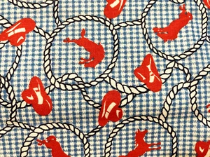 VTG Marcus Bros Fabric Red Cowboy Hats Horses Rope on Blue Gingham F Burgos 3/4Y - Picture 1 of 3