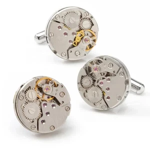 Open Edge Skeleton Watch Movement Cufflinks and Lapel Pin Gift Set - Picture 1 of 7