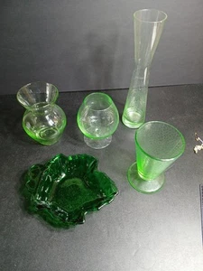 Vintage Green Glass Lot Vases Cup And Candy Dish. - Picture 1 of 6