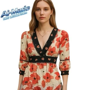 Fei Mujer Seda Coral Rosa y Negro. Top Floral Talla 2 4 S Vintage Anthropologie Y2K - Imagen 1 de 9