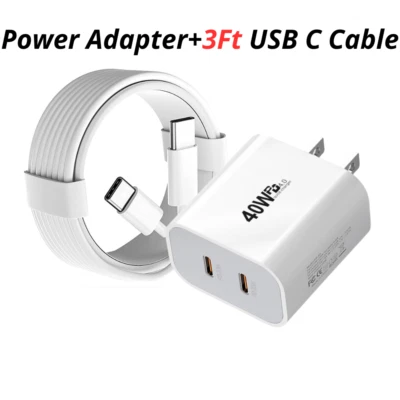 For iPhone Air 15 16 17 Samsung PD 40W Dual USB-C Fast Charger Block Type-C Cord - Image 1 of 4