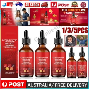 1-5x Cayenne Pepper Hawthorn-Beet Root Turmeric Vitamin K2+D3 Liquid Drops 60ML - Picture 1 of 15