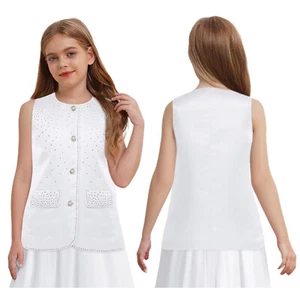 Kids Girls Sparkle Vest Round Neck Sleeveless Singe Breasted Dress Waistcoats - Picture 1 of 65