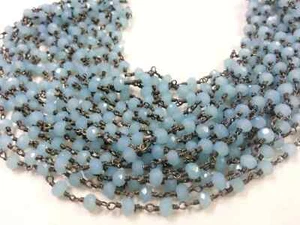 Aqua Quartz Rondelle Faceted 3-4mm Beads, 3 Feet Rosary Beaded Chain Black Wire - Picture 1 of 4